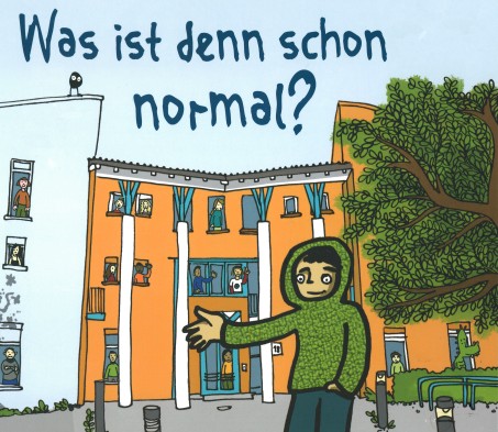 Gezeichnete Grafik eines Schülers vor einem Schulgebäude mit dem Schriftzug