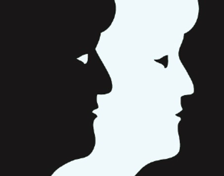 Schwarz-weiß-Skizze mit Gesichtern, die sich je nach Fokussierung verändern.