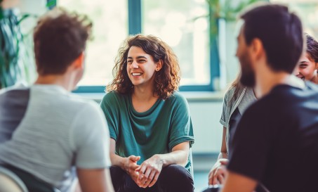 Ein Jugendlicher lächelt, während er sich mit anderen jungen Menschen unterhält.