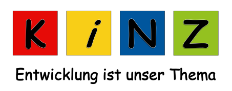 Logo des Kinderneurologischen Zentrums, 4 farbige Quadrate mit den Buchstaben K, I, N, Z, Schriftzug Entwicklung ist unser Thema