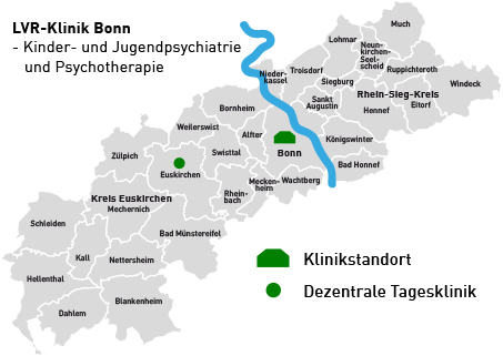 Übersichtkarte Kreis Euskirchen, Stadt Bonn und Rhein-Sieg-Kreis mit Markierungen für die Standorte der Kinder- und Jugendpsychiatrie in Bonn und Euskirchen.